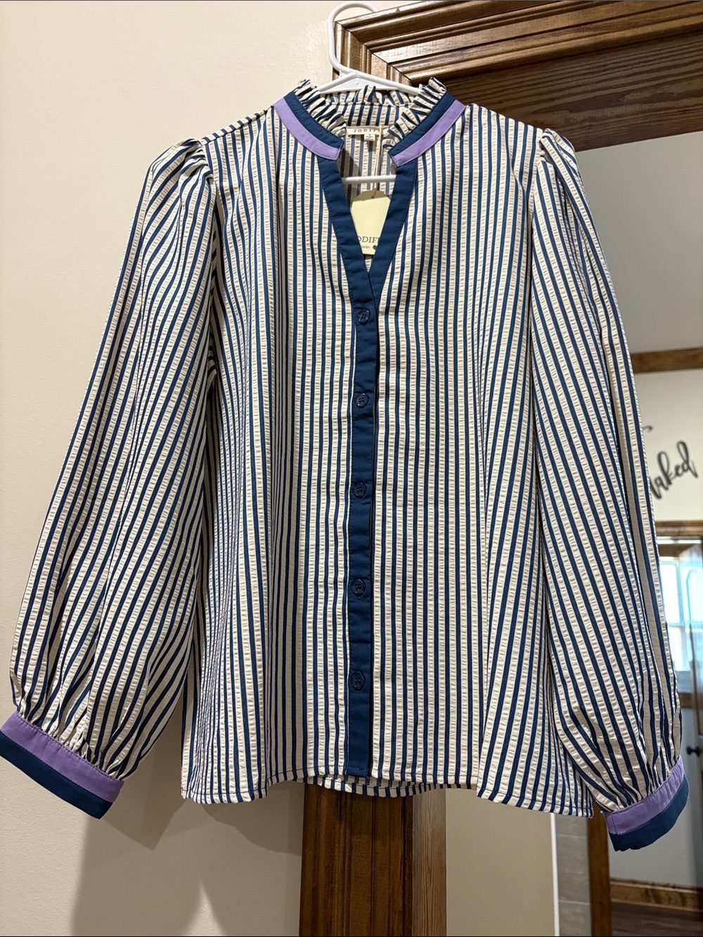 JODIFL Navy and White Striped Button-Down Shirt with Purple Trim